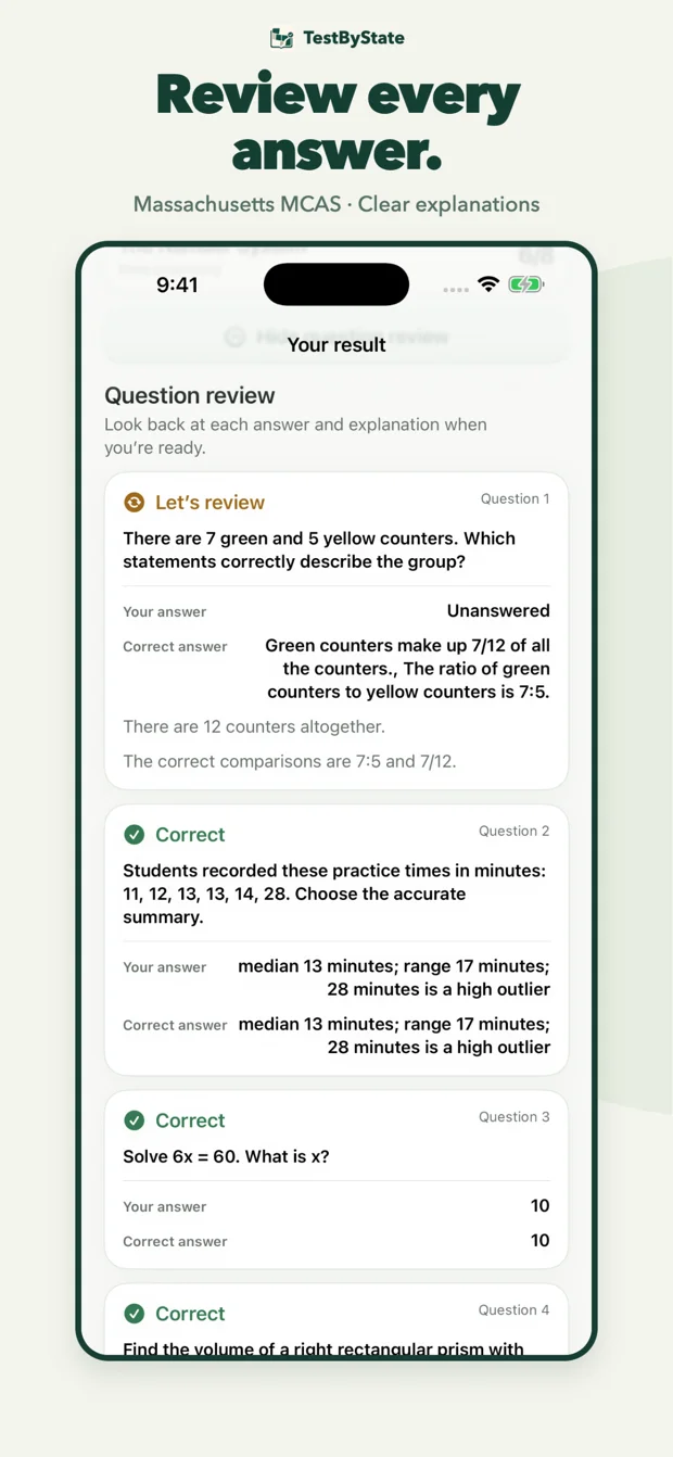TestByState iPhone answer review showing correct answers and written explanations